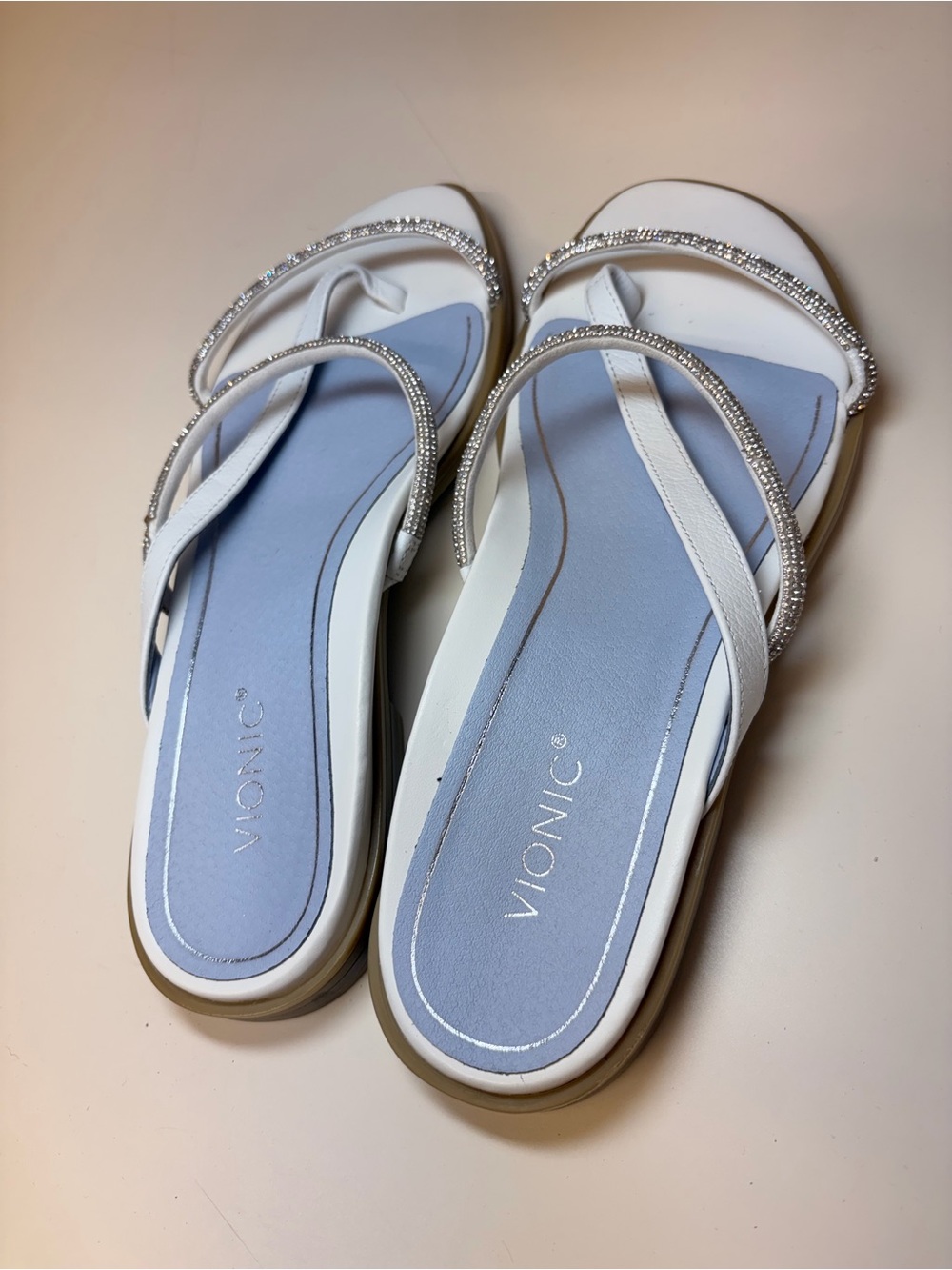 Vionic Prism White Slide Sandals with Light Blue Footbed and Rhinestone Straps